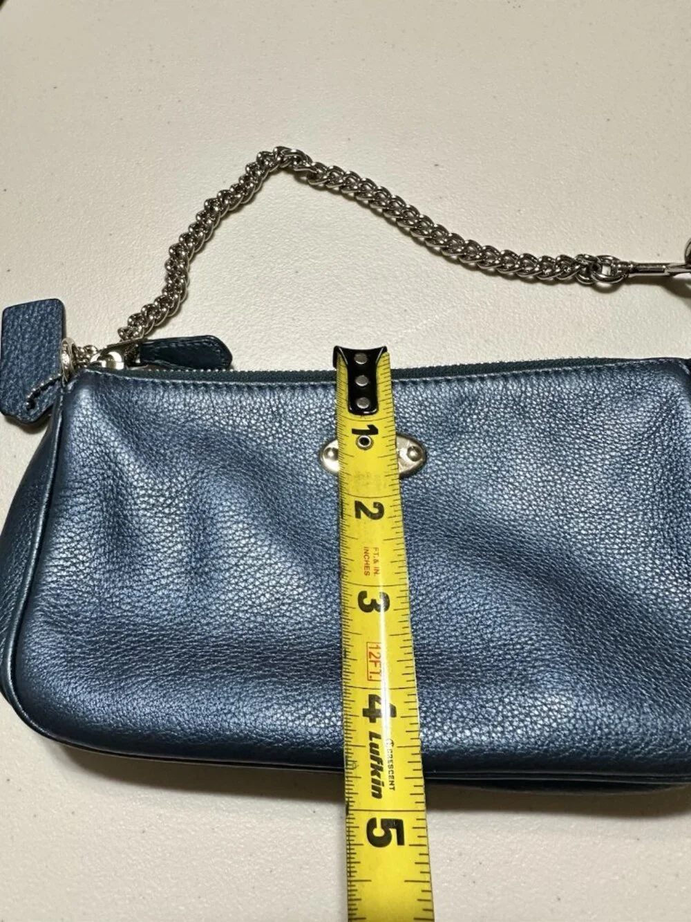 Coach Nolita mini handbag pebbled leather metallic blue chain strap wristlet